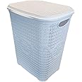Best House | Plastic Laundry Basket | WHITE | 65 Litres | Large | Knitted/Rattan Style | Laundry Storage Basket with Lid | Clothes Storage Washing Bin Basket Hamper for Bathroom Bedroom (Pack of 1)
