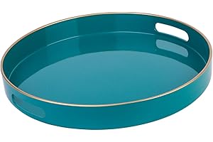 Simmer Stone Round Plastic one Decorative Tray, Round Plastic with Handles, Modern Vanity and Serving for Ottoman, Coffee table, Kitchen and Bathroom, Size 13", Dark Green