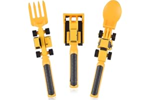 Funmo 3 sztuki sztućców dla niemowląt, sztućce dla dzieci, naczynia budowlane z łyżeczką widelec do koparki, łyżki, widelec dla niemowląt żółty dla Regali di Compleanno, Capodanno e Natale