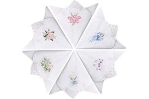 NLLKII 6 Pack Ladies Handkerchiefs 100% Soft Cotton Floral Embroidery Lace Handkerchiefs Durable and Easy Clean Personalised Hankies for Woman Girls Wedding Party Prom Celebrations Birthday Gifts (28x28cm)