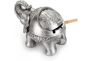 BSTKEY Cendrier coupe-vent avec couvercles - Cendrier de table en forme d'éléphant rétro, porte-cigare pour l'extérieur et l'intérieur, décoration pour la maison et le bureau, argent
