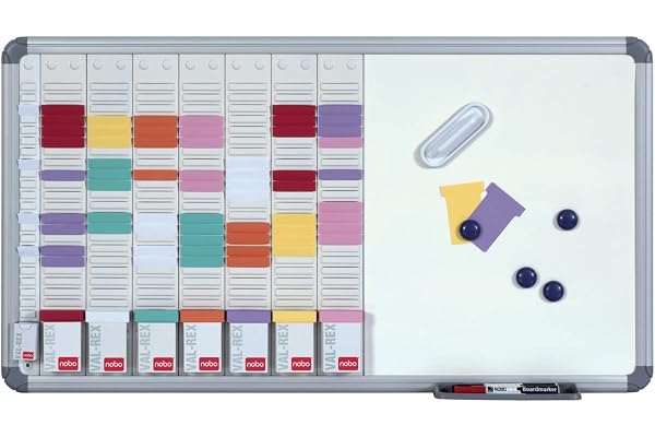 Nobo - Kit Planning Hebdomadaire Mural à Fiches T avec Tableau Blanc Magnétique, Surface en Acier, 7 Colonnes & 24 Fentes, Indice 2, Fiches T / Index / Feutres / Aimants Inclus, 2951400