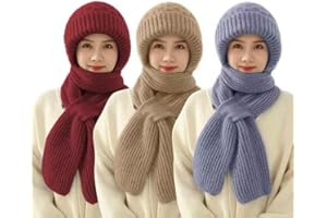 YJWZ Integrierter Gehörschutz Winddichte Mütze Schal,2 in 1 Winddichter Mützenschal Niedlich Mütze Schal Set Damen mit Brosche Winter Warm Strickmütze, Kapuzenschal für Frauen