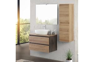 Inbagno Mobile bagno sospeso 80 cm ossido e rovere africa con top, lavabo in appoggio e specchio reversibile 60x80 cm, KLEO