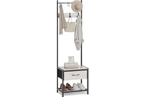 Leader Accessories Garderobenständer mit Bank Platzsparendes Design Metallgarderoben rustikal Kleiderständer 154x30x45cm (HxTxB) Schwarz/Hellgraue Holzmaserung