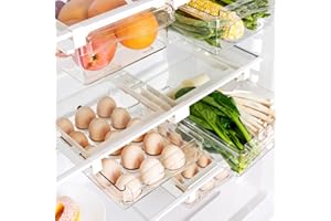 RANJIMA Cajón organizador para frigorífico, 2 cajones extensibles+soporte para huevos, sistema de organización para el hogar