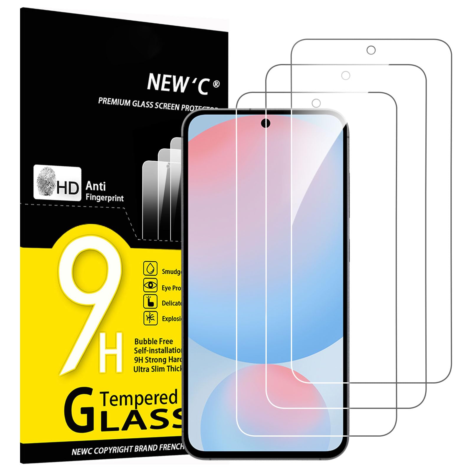 NEW'C 3 Piezas, Protector Pantalla para Samsung Galaxy S25 FE, Cristal templado Antiarañazos, Antihuellas, Sin Burbujas, Dureza 9H, 0.33 mm Ultra Transparente, Ultra Resistente