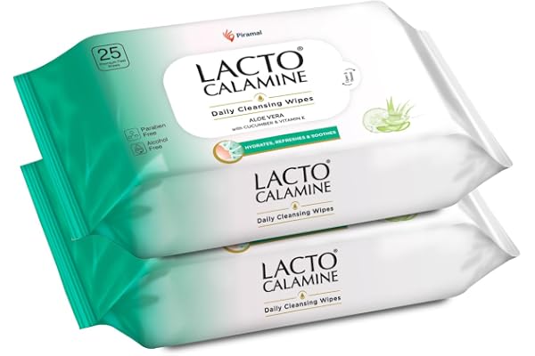 Lacto Calamine Daily Cleansing Face Wipes 25N Each - Pack of 2 Makeup Remover Wipes Wet Tissue for Face with Aloe Vera, Cucumber & Vitamin E Wet Wipes for Women & Men Paraben & Alcohol Free
