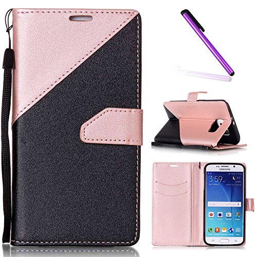 Samsung Galaxy S6 Hülle,Samsung Galaxy S6 Hülle Flip Case,Samsung Galaxy S6 Case Schwarz,Samsung Galaxy S6 Cover,EMAXELERS Galaxy S6 Hülle PU Leder Wallet Brieftasche Schutzhülle Etui für Samsung Galaxy S6,Galaxy S6 Hülle Cute Dreieck Muster PU Ledercase Flip Tasche Case Cover Ledertasche Schutzhülle Handyhülle mit Ständer und Karte Halter Case Hülle Etui Cover für Samsung Galaxy S6,Pink Triangle and Black