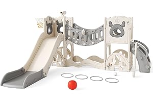 Brolteja Toddler Slide,Elk Theme Toddler Slide with Long Climbing Bridge Corridor,Golf Set,basketball Hoop, Climbing Frames,Baby Slide for Toddlers 1-3 Years Old,In&Outdoor Use (Beige Grey-7 in 1)