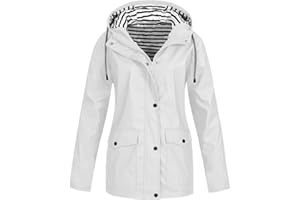 HOOUDO Women's Hooded Rain Coats Plus Size Lightweight Waterproof Jacket Drawstring Casual Rain Jackets Full Zipper Solid Raincoat Windproof Fall Winter Clothes Outerwear Hiking Mountain Outdoor Coat