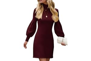 Neitooh Strickkleid Damen Winter Puff Ärmel Rollkragen Minikleid für Damen, Winterkleid Elegant Hohe Elastizität Pulloverkleid Damen Herbst Winter