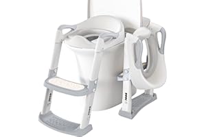 FAYDUDU Potty Training Seat Trainer Kids Toilet Training Seat with Step Stool Foldable Portable Potty Chair with Adjustable Height Ladder Guard Handle Soft Cushion White for Boys Girls (Grey)