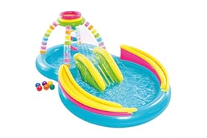 INTEX 56137 Piscina Hinchable Infantil, Juegos Cono Arco Iris con Tobogán, para Mayores de 2 Años, Capacidad de 168206 litros, Base Acolchada, Medidas 295x191x109 cm, Incluye Parche de Reparación