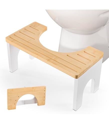 Tabouret de toilette accroupi pour adulte - 20,3 cm tabouret pliable pour selles de salle de bain en bambou tabouret pot basculant avec couche antidérapante - Améliore la posture et le confort