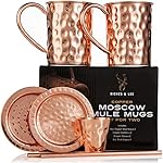 Moscow Mule Kupferbecher: 2er Set - Enthält 2 x 18oz Becher, 2 x Untersetzer, 2 x Strohhalme, 1 x Shotglas in Geschenkbox mit Bonus Cocktail-Rezepte-eBook - 100% Kupferzubehör - Handgemachter Trinkbecher in Roosevelt-Optik mit Hammerschlag-Effekt - Das Perfekte Geschenk für Hochzeiten, Jahrestag, Hochzeitstag, Geburtstag oder Weihnachten für Sie oder Ihn