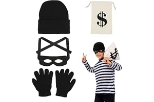 Bankrusdräkt, rånarkostym barn, tjuvdräkt set med bankrusande mask, plånbok med dollartecken, stickad mössa, handskar, brottsdräkt för karneval, halloween, inbrott, temafest