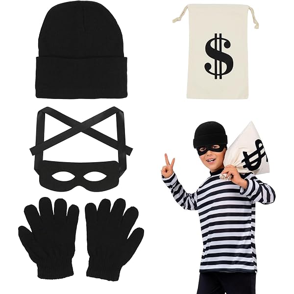 Costume De Prisonnier Enfant BSBUY 5 Pièces - Haut Et Pantalon Rayé Noir Et Blanc, Menottes, Autocollant | Déguisement Halloween, Carnaval, Voleur