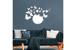 Shackcom Adesivi Murali 3D Rotondo Specchio con 18pcs Farfalle Specchio Adesivo da Parete Acrilici Rimovibili Decorazioni da Parete DIY per Camera da Letto Soggiorno-Argento