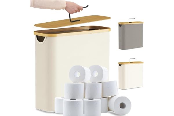 LEEJARD 30 l toalettpappersförvaringskorg med lock av bambu, toalettpappersförvaring behållare, WC-pappersförvaring, vit elegant badrumsorganizer för klorullar (förpackning med 2)