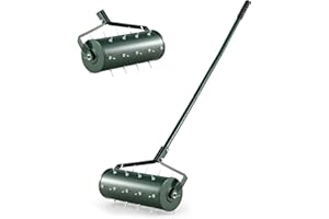 TANGZON 45cm/53cm Lawn Aerator, Heavy-Duty Rolling Spreader Lawn Care Tool with 130cm Metal Handle, Fillable Drum, Manual Aerator Gardening Roller for Garden Grass Patio Yard (Green,45x14x130cm)