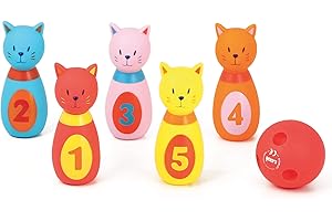 LUDI - Jeu de 5 quilles en forme de chats et 1 balle, Dès 10 mois. Plastique souple et résistant. Balle adaptée aux petites mains. 1er jeu de bowling. Développe la dextérité et de la motricité - 3450