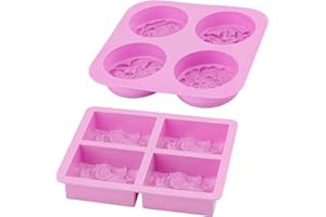 TEKONDA Pack of 2 Soap Moulds Silicone Round Silicone Mould Soap Silicone Mould Flowers Rectangle Round Silicone Mould with 4 Different Flower Shapes for Soap Chocolate Cake Soap Making