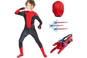 ATOWORLD Deguisement Spider Enfant 3-12 Ans Costume Anime Combinaison Déguisement Anime Garcon avec Gant de Lanceur Cartoon Masques 3D Cartoon Jumpsuit Cosplay Carnaval Costume Halloween Enfant