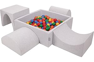 KiddyMoon Foam Playground For Kids With Square Ballpit (300 Balls ∅ 7Cm/2.75In) Soft Obstacles Course And Ball Pool, Made In The EU, Lightgrey:Yellow/Green/Blue/Red/Orange