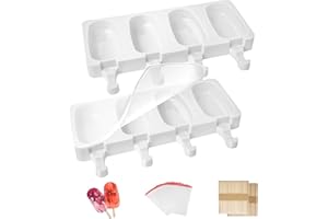 HONNESSERRY Lot de 2 Moules a Glace Silicone, Antiadhésifs Moule Pop Cake Avec Couvercle Silicone, 100 Batonnet En Bois et 50 Sacs de Glace, Sans BPA, Blanc
