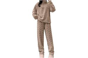 Generisch Pyjama long en polaire pour femme - Pyjama d'hiver chaud - Pyjama jacquard - Vêtement de nuit douillet - Couleur unie - Combinaison d'intérieur - Pantalon de pyjama - Haut long à manches