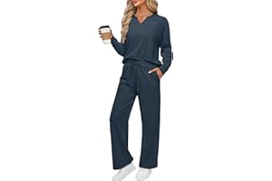 REORIA Women V Neck Activewear Loose Lounge Wear Set Solid Color Tracksuit Co Ord Sets Two Piece Outfit