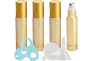 TIANZD Lot de 4, Flacons à Bille pour Huiles Essentielles 10ml – Bouteilles Roll-on en Verre Jaune avec Couvercle Or avec Rouleau en Acier Inoxydable (1 décapsuleur et 1 entonnoir)