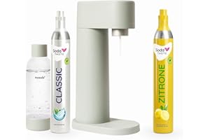 SODATASTE Sparpaket: Mysoda Woody - Wassersprudler aus erneuerbarem Holzkomposit mit 1L BPA-freier Plastikflasche, CO2-Zylinder Classic + CO2-Zylinder Zitrone (Hellgrün, Pigeon)