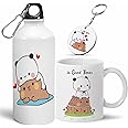 Craft Maniacs Bubu Dudu 300 Ml White Ceramic Mug & 600 ML Aluminium Sipper Combo with Free Wooden Keychain | Best Birthday/Anniversary Gift (Type 3)