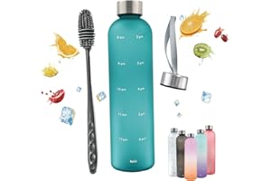 Horkos 1L Water Bottle,Motivational Time Markings,Non-Toxic BPA Free Plastic Water Bottle,Leak-Proof,1 litre Sports Bottle,1000ml Drinks Bottle for Travel,School,Cycling,Camping（Green+cover+brush）