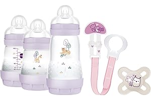 MAM, Set pour nouveau-né, set cadeau, comprend : 2 biberons anti-coliques de 160 ml, 1 biberon anti-colique de 260 ml, 1 tétine originale Start, 1 broche pour sucette, dès la naissance, rose