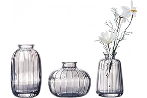 KMERCE 3 piccoli vasi da fiori in vetro grigio, mini vaso decorativo di design trasparente, decorazione per centrotavola, matrimonio, campagna, battesimo, compleanno, regalo festa della mamma