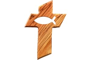 Kassis Geschenkartikel Kreuz mit Fisch aus Olivenholz – handgefertigtes Wandkreuz aus Bethlehem – spirituelles Geschenk zur Taufe, Kommunion, Firmung, Konfirmation, Hochzeit oder Einweihung