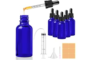 CoKeeSun 5 Pezzi 30ml Boccette Vetro Contagocce, Blu Bottiglie Contagocce, Riutilizzabili Flacone Contagocce con Pipette Mbuto, Siringa, Etichetta per Oli Essenziali Profumi Laboratorio