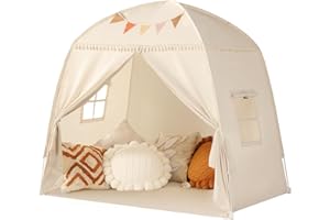 Sumbababy Großes Tipi Zelt für Kinder: mit Fahnen - Zelt für Kinder Indoor Kleinkind Tipi für Jungen & Mädchen - Kleinkind Spielhaus innen Vordach Bett für Spielzimmer Geschenk Spielzeug (Creme)
