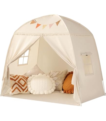 GOPLUS Kinderhuistent, speeltent met gaasvenster, grote ruimte, lichtketting, katoenen mat, gaasgordijnen, speelhuistent voor binnen en buiten, geschikt voor kinderen vanaf 3 jaar (blauw