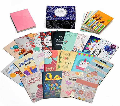 Caja de tarjetas de cumpleaños Juego de 40 diseños únicos y adornos de oro surtidos, paquete de surtido de cumpleaños HonWally Premium con 40 sobres (nueva edición con versiones inglesas revisadas)
