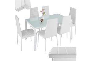 TecTake® Conjunto de Mesa y 6 Sillas de Comedor, Atractivo Diseño, Alto Confort, Tablero de Vidrio, Sillas Comedor Modernas, Sillas de Cocina, Muebles Salon Modernos - Blanco/Blanco