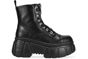 BOSANOVA Botas Militares confeccionadas en Piel Vegana con Detalle de Cremallera Frontal, Cordones Laterales Decorativos y Suela Track de 7 cm. Cierre con Cremallera. Calzado para Mujer
