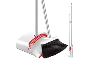 Myiosus Ensemble Balai et Pelle à Poussière, Pelle et Balayette Long Manche Réglable, Pelle Balayette pour Balayage Extérieur, Jardin, Maison, Cuisine et Bureau (Blanc)