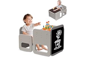 hoopyosms 2 en 1 Conjunto de Mesa y Silla Montessori para Niños, Mesa de Madera Ajustable para Niños Pequeños con Pizarra, Conjunto de Mesa para Actividades y Pintura para Niños, Gris