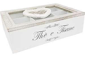BuyStar Scatola da The con Cuore a Pois | Contenitore Porta Tisane, Te, Tea, caffè in cialde, spezie | Scatola Porta bustine da thè infusi Tisane in Legno | Stile Shabby Chic
