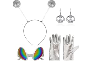 SHDIEHJFMLDH Alien Kostüm Set Glitzer Bopper Stirnband Silber Lange Handschuhe Schwarze Acryl UFO Ohrringe für Damen Verkleidung Erwachsene Kostüm Zubehör Alien Cosplay Kostümzubehör
