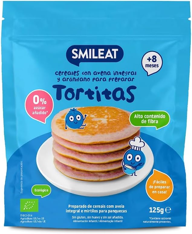 Smileat - Preparado para Tortitas de Avena Integral y Arándano - Con Vitamina B1 - Sin Azúcar Añadido - Fáciles de Hacer - Para Peques a Partir de 8 Meses - 125g
